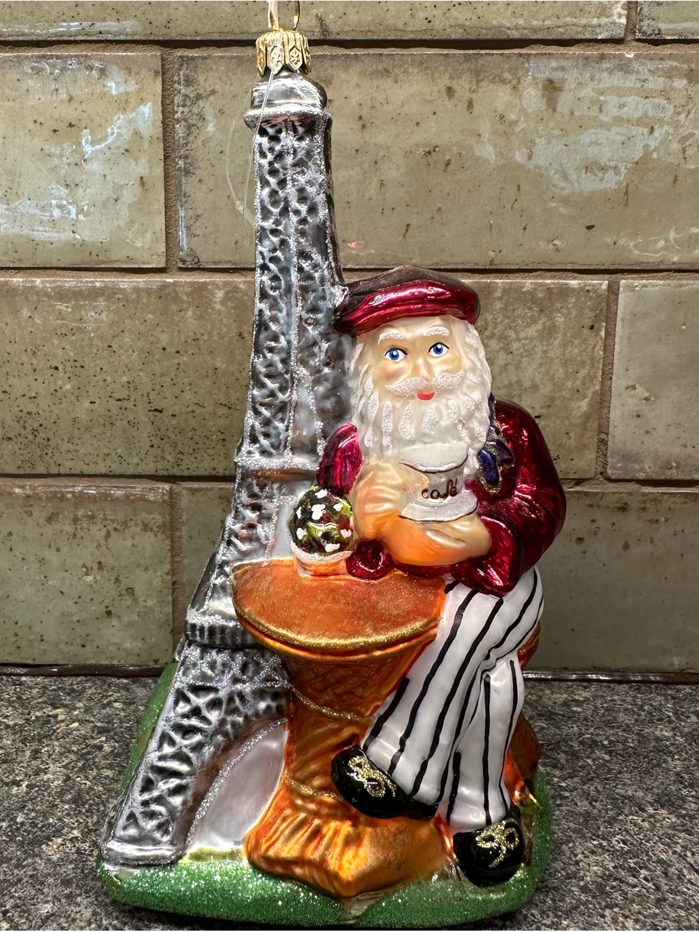 Holiday Santa in Paris Glass Ornament - Red, White, Silver, Gold